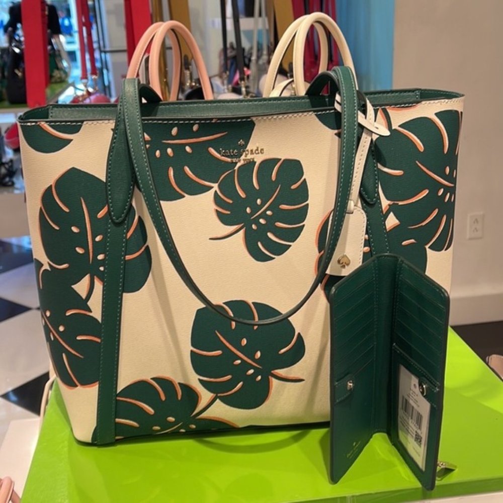Kate Spade Cara Large Tote Monstera Leaves & Large Slim Bifold Wallet Cream Mult - Picture 4 of 16